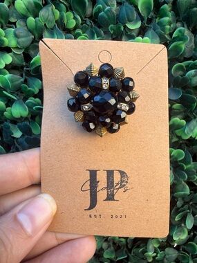 Repurposed Cluster Beaded Brooch — Black and Gold